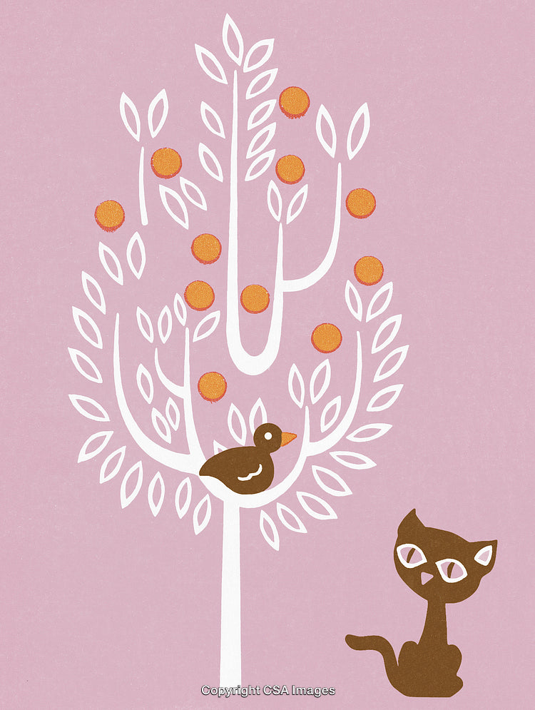 Whimsical Illustration of a Tree With a Bird and Playful Cat