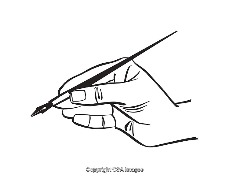 Black and White Line Drawing of a Hand Holding a Fountain Pen