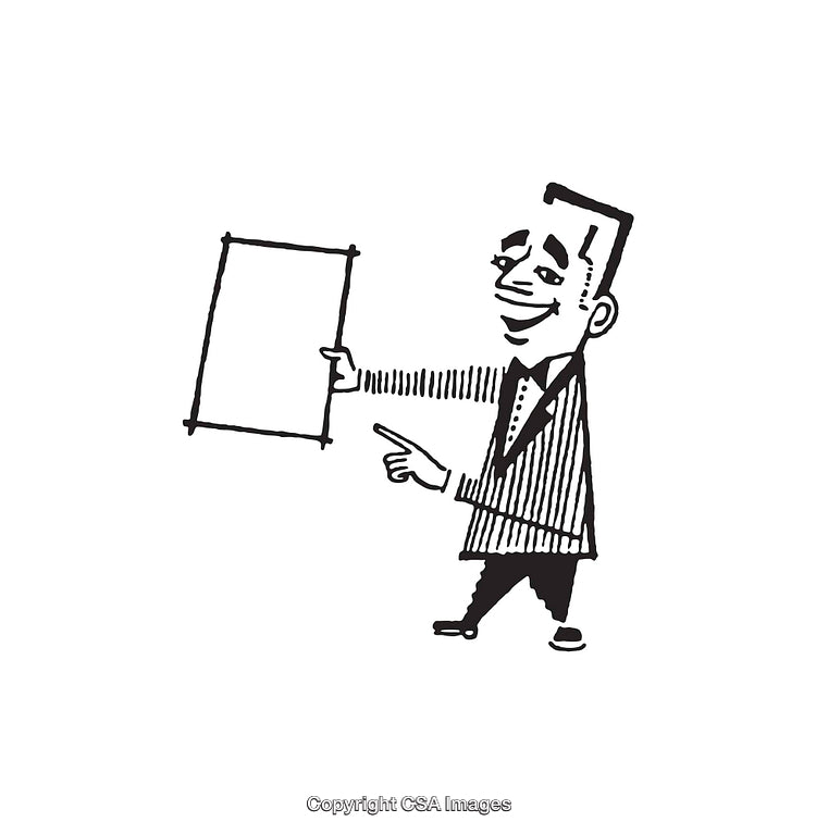 Black and White Cartoon Man Holding a Blank Board to Present