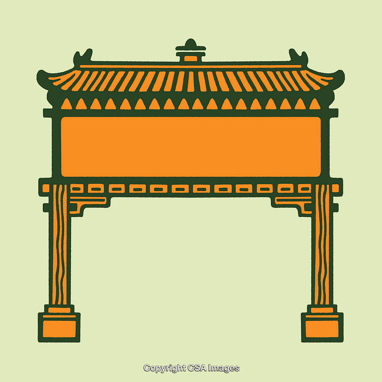 Traditional East Asian Architectural Gateway in Decorative Line Art Style Artwork