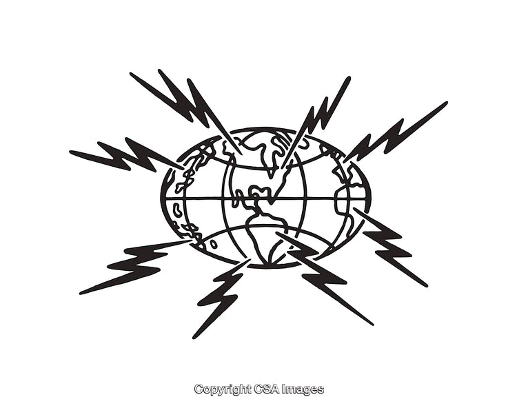 Black and White Line Art of a Globe with Radiating Lightning Bolts