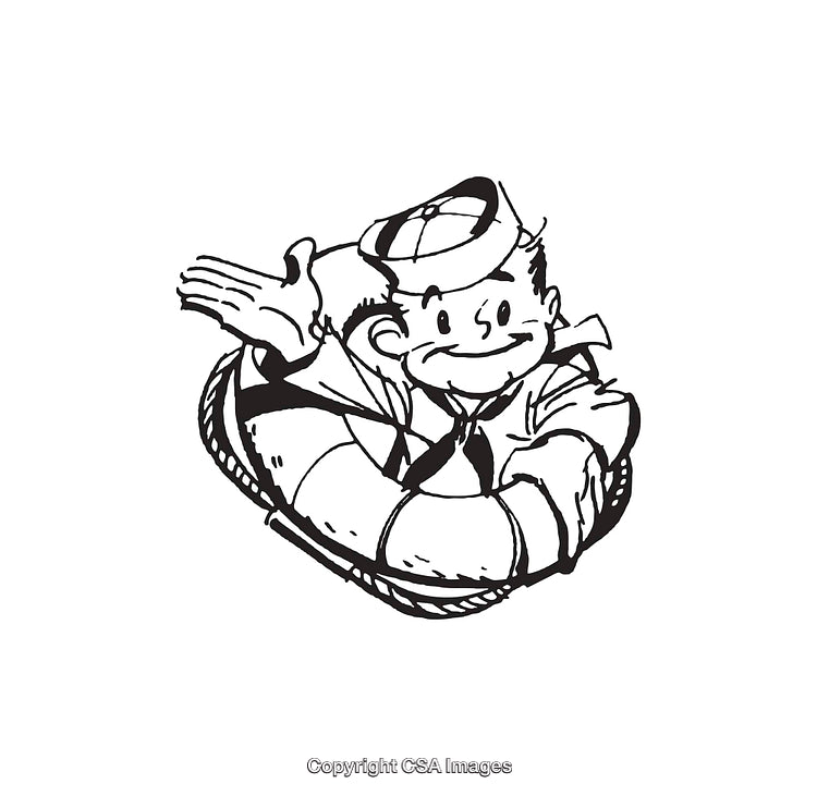 Cartoon Sailor Surrounded by Lifebuoy in Black and White Sketch