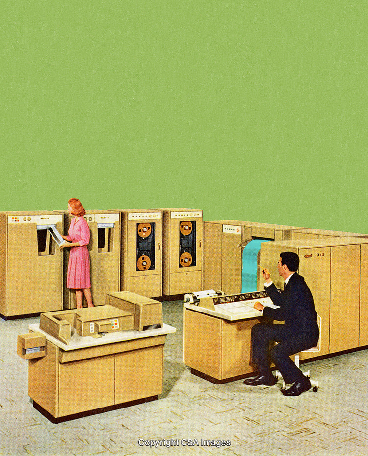 Retro Computer Room with Vintage Magnetic Tape Drives and Operators