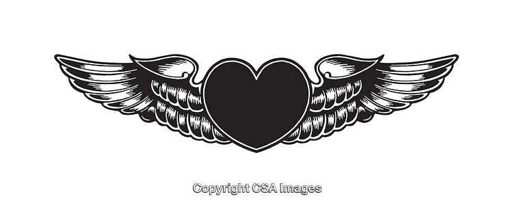 Winged Heart Black and White Line Art Illustration on White Background