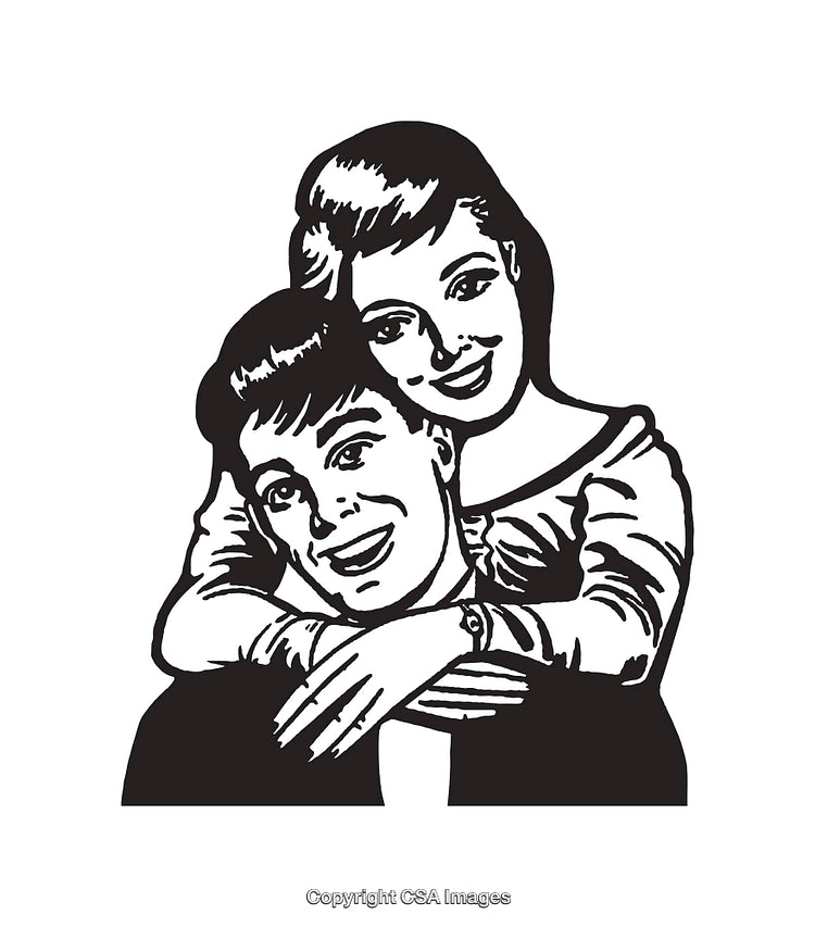 Retro Style Black and White Illustration of a Smiling Couple Embracing