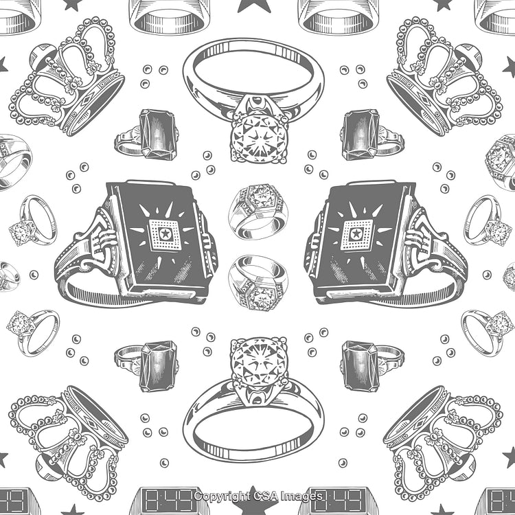 Illustrated Pattern Featuring Jewelry with Ornate Crowns and Rings
