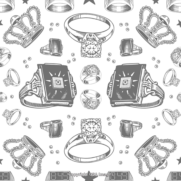 Illustrated Pattern Featuring Jewelry with Ornate Crowns and Rings