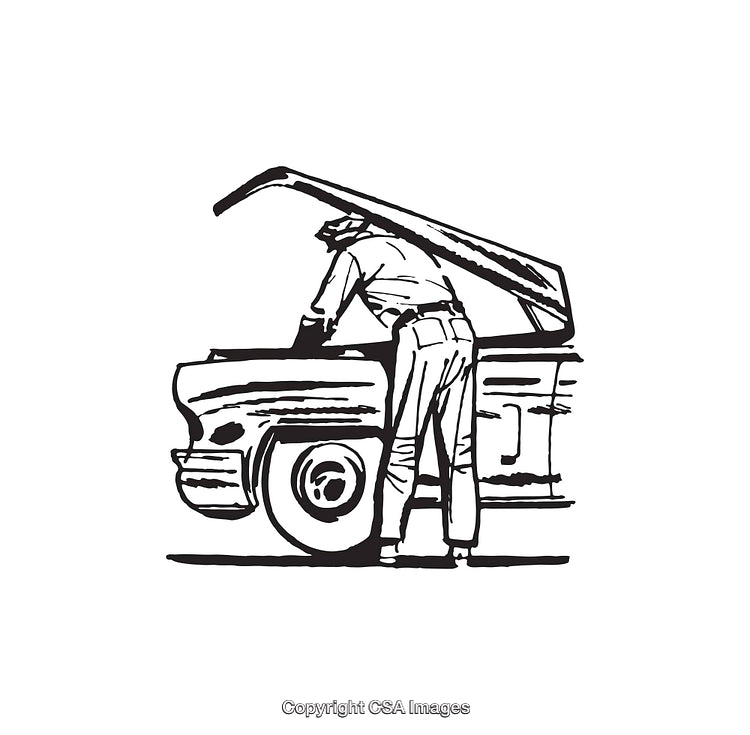 Black and White Line Art of a Mechanic Fixing a Car