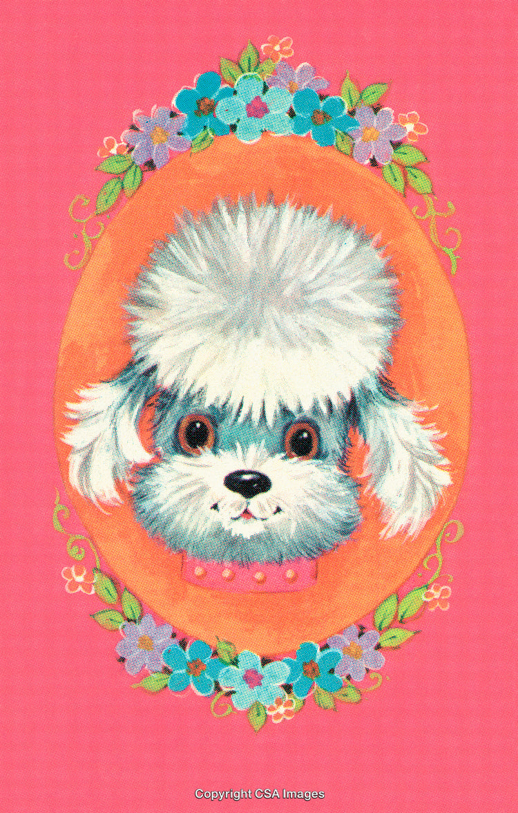 Vintage Illustration of a Cute Puppy in a Floral Oval on Pink Background