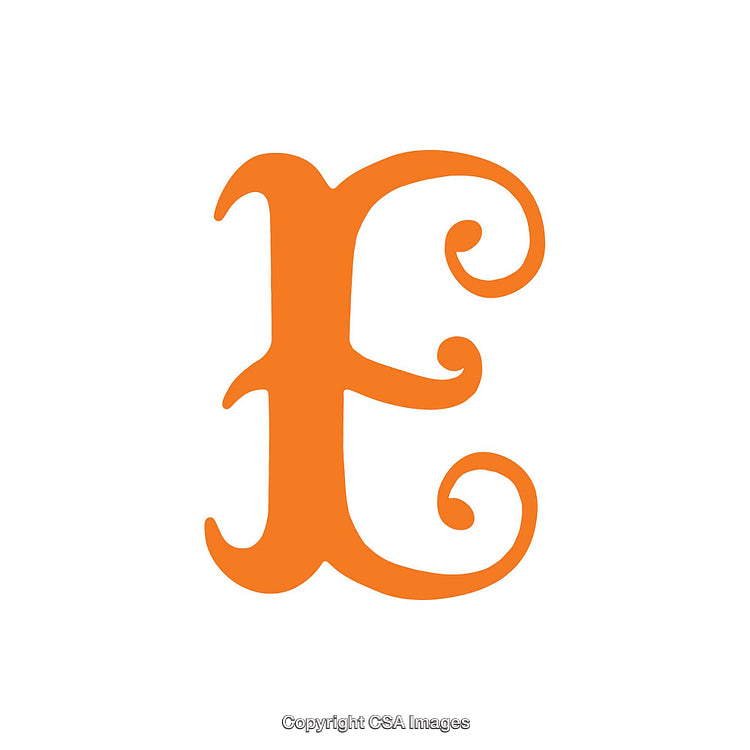 Decorative Orange Letter E with Elegant Swirls on White Background