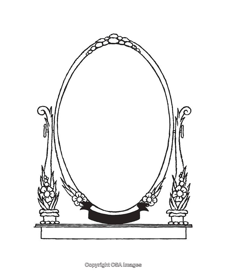 Elegant Black and White Ornamental Mirror Frame Line Art Illustration