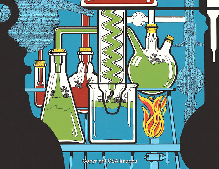 Illustrated Chemistry Laboratory with Detailed Overview of Apparatus and Reactions