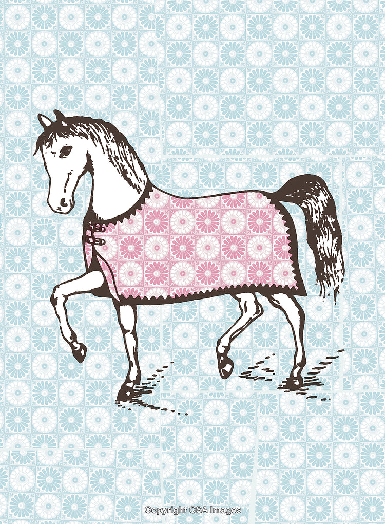 Illustrated Horse Wearing Patterned Blanket on Decorative Floral Background