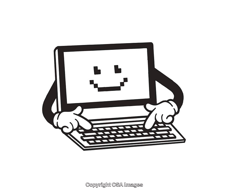 Black and White Line Art of Smiling Computer Character Using a Keyboard