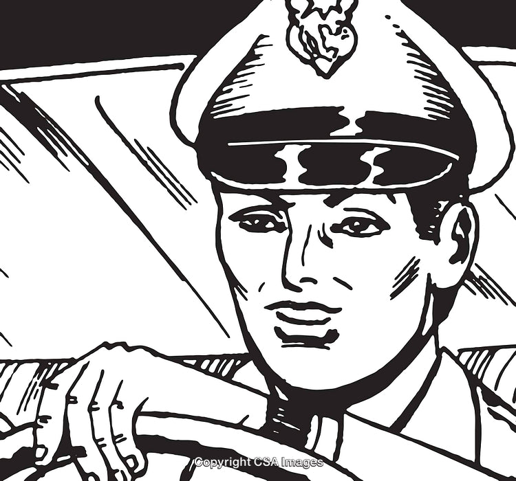 Black and White Illustration of a Smiling Pilot Driving a Vehicle