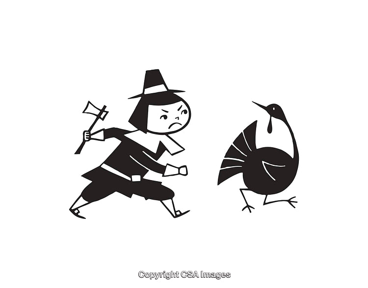 Black and White Line Art of Pilgrim Chasing Turkey Illustration
