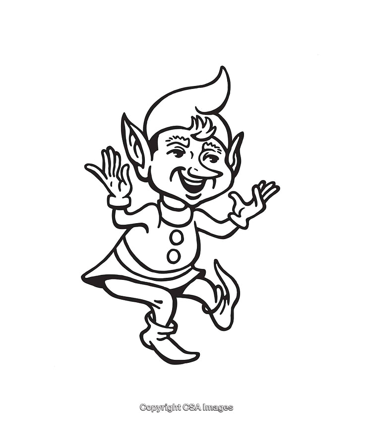 Happy Elf Illustration in Black and White Line Art Style
