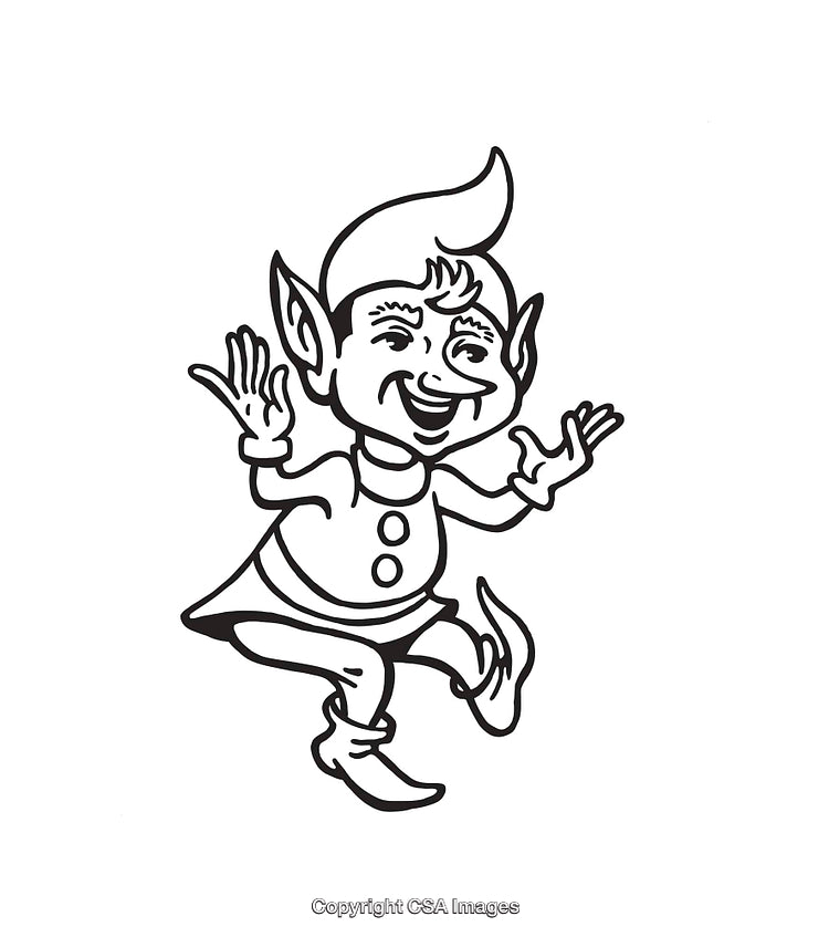 Happy Elf Illustration in Black and White Line Art Style