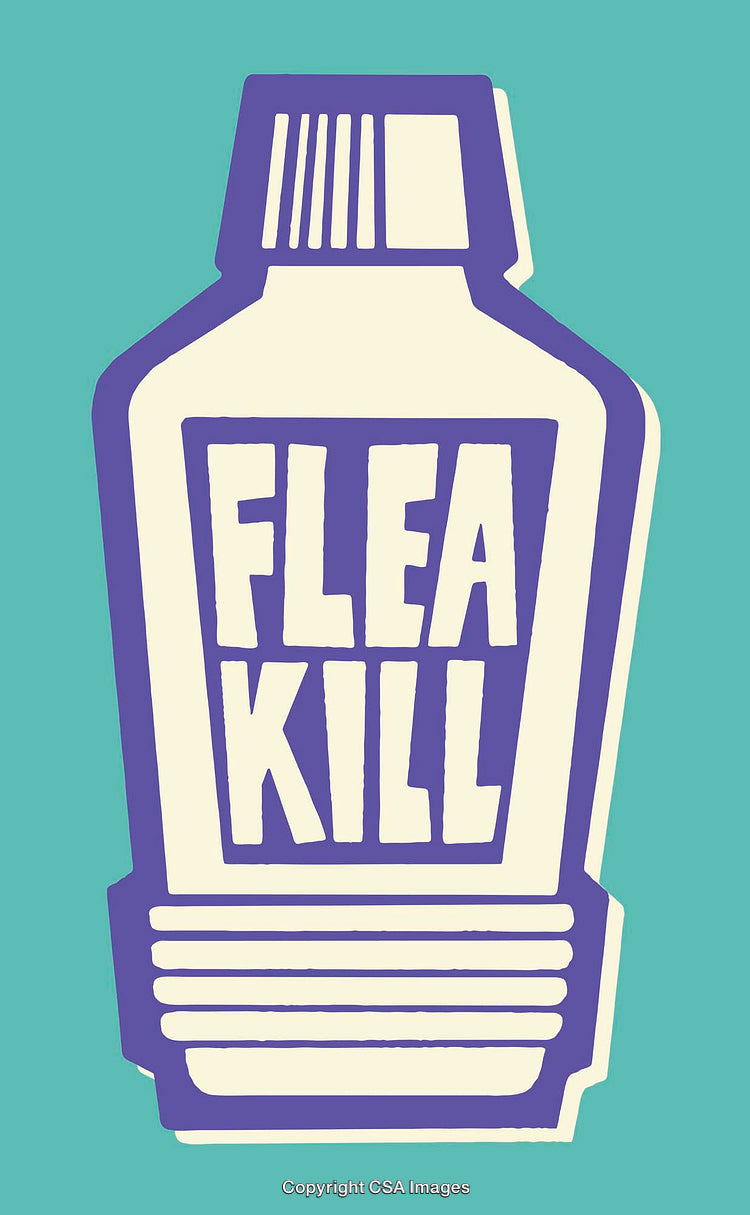 Bold Minimalist Illustration of Flea Repellant Bottle on Teal Background