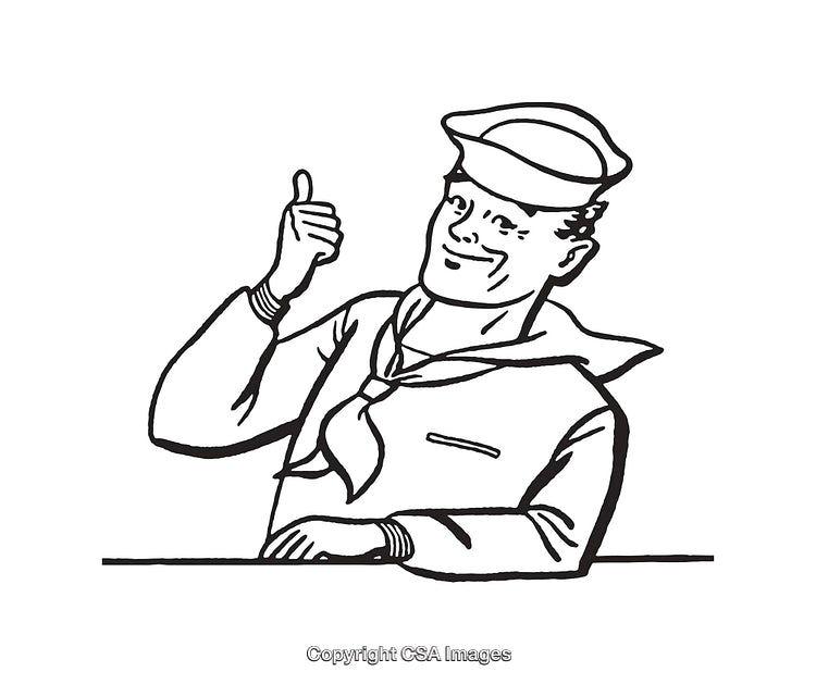Vintage Line Illustration of a Sailor Giving a Thumbs-Up Gesture