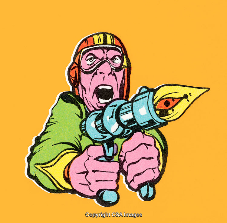 Colorful Retro Comic Illustration of a Hero Holding an Advanced Raygun Device