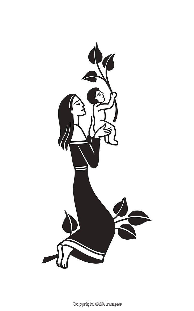Mother and Child Black and White Line Art with Leaf Elements