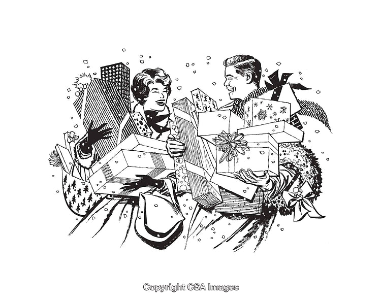 Vintage Black And White Couple Shopping With Gift Boxes