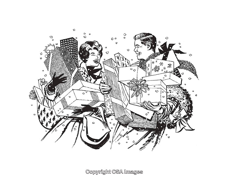 Vintage Black And White Couple Shopping With Gift Boxes