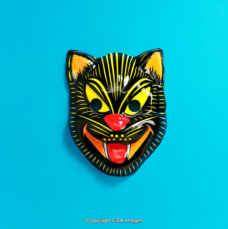 Colorful Black Cat Mask on Vibrant Blue Background