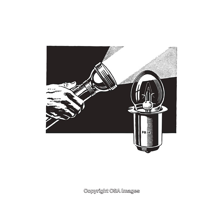 Handheld Flashlight and Light Bulb Static Black and White Illustration