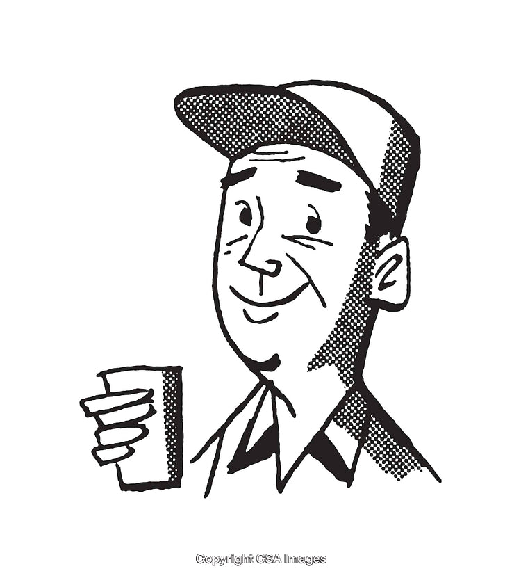 Retro Black and White Illustration of a Smiling Man Holding a Drink