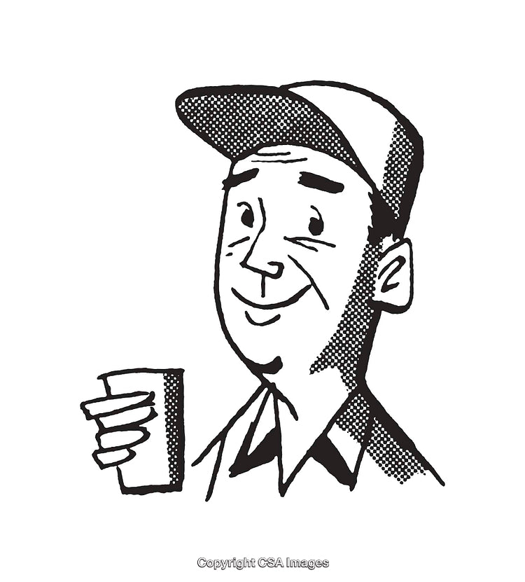 Retro Black and White Illustration of a Smiling Man Holding a Drink