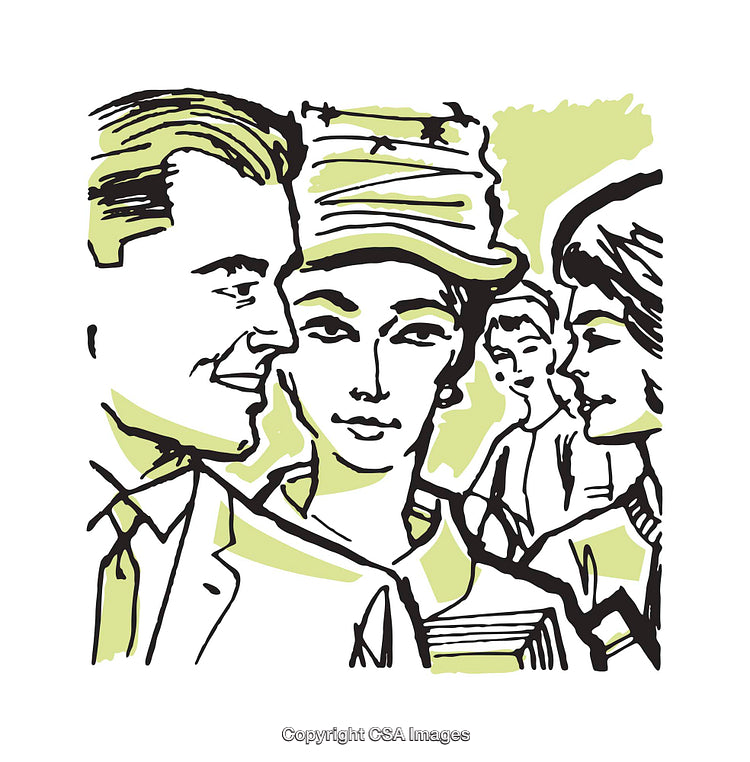 Illustration Art Depicting a Group Conversation in Retro Style with Pastel Colors