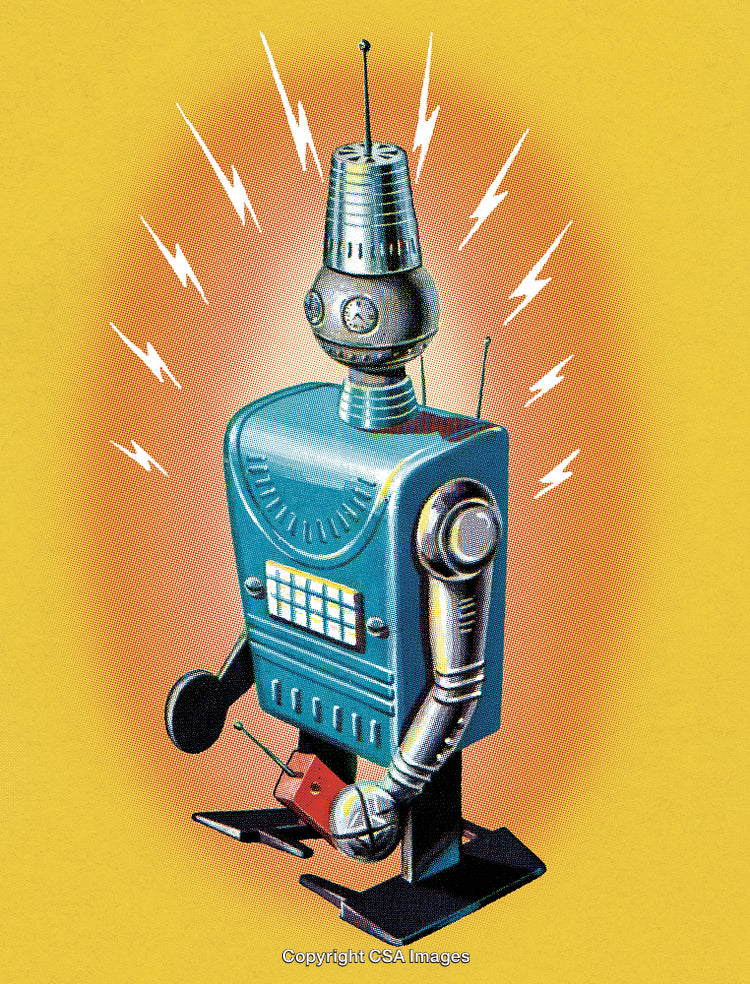 Retro Candy-Colored Robot Illustration with a Futuristic Background in Yellow Hue
