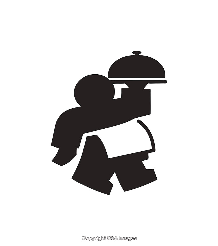 Black and White Icon of Waiter Holding Tray with Food Cover