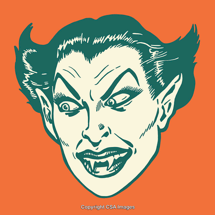 Vintage Line Art Illustration of a Vampire Face on Orange Background