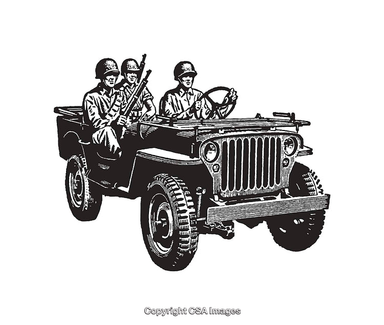 Black and White Line Art of Soldiers Driving a Military Jeep
