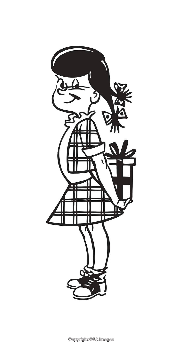 Black And White Line Art Of Girl Hiding Gift Behind Back