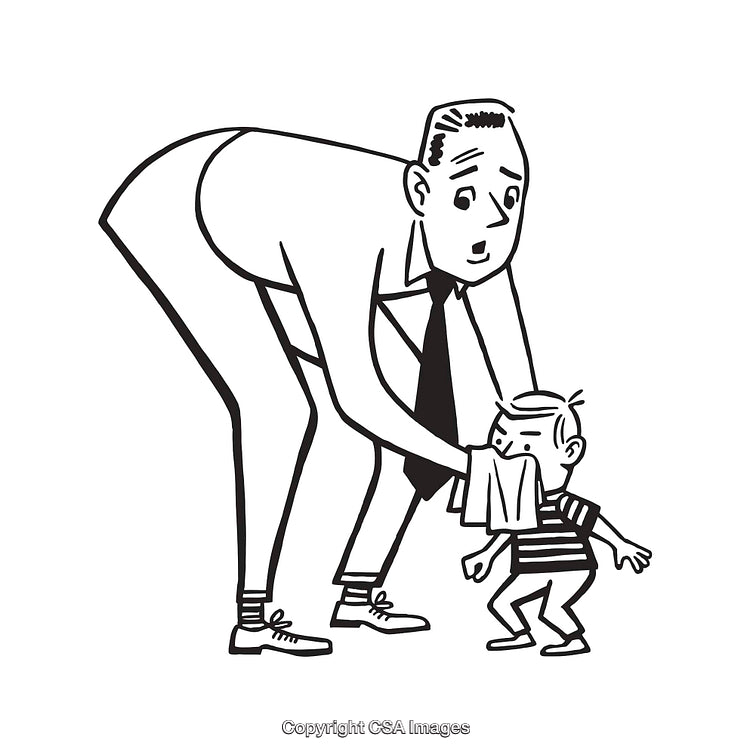 Father Caring for Son with Handkerchief in Line Art Illustration