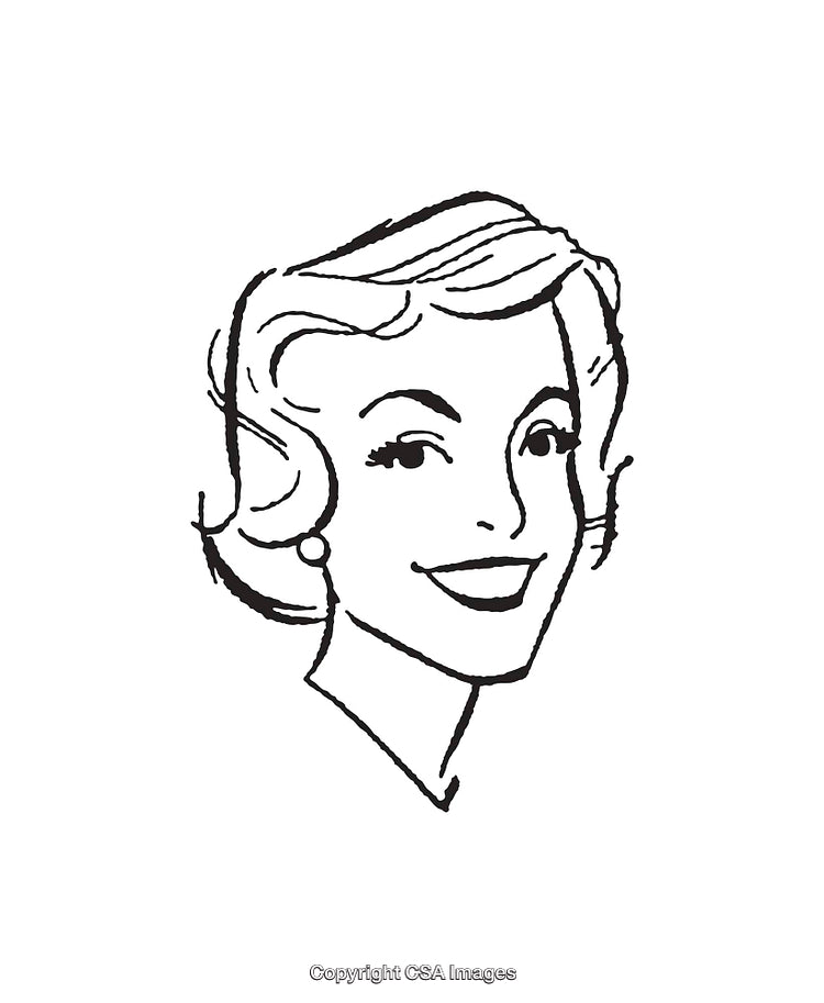 Retro Black and White Line Drawing of a Smiling Woman's Portrait