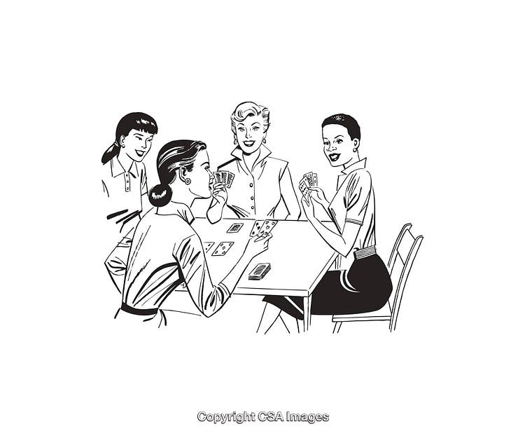 Group of Women Playing Cards in Black and White Line Art