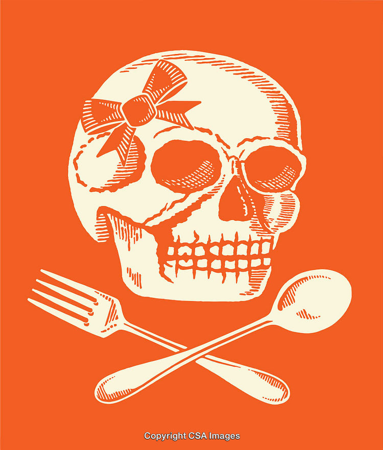 Orange and Cream Skull Illustration with Crossed Fork and Spoon Graphic