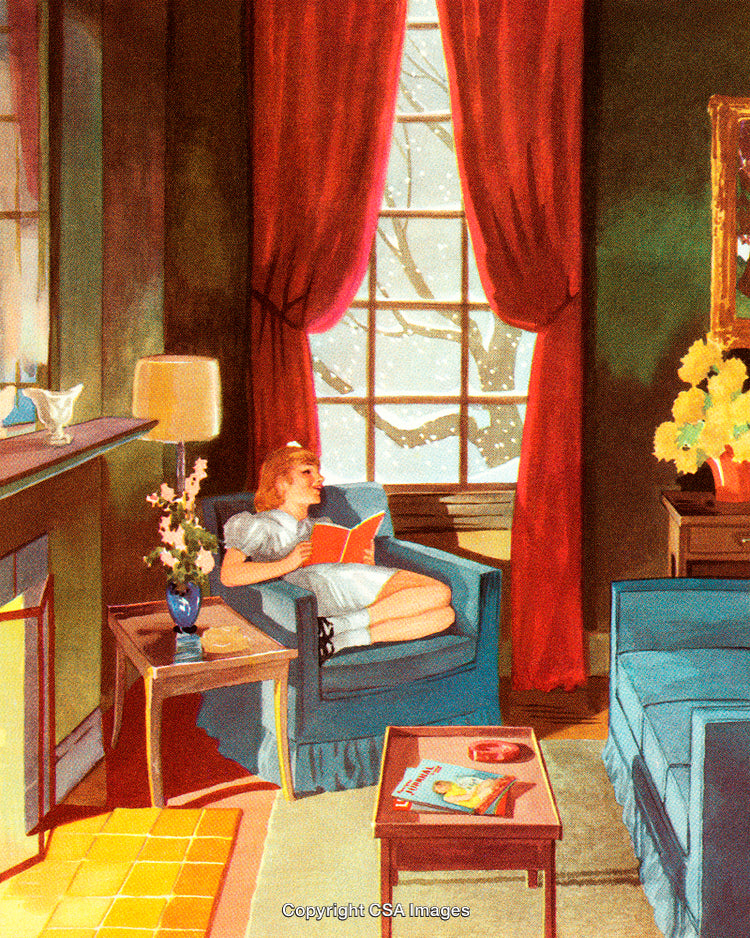 Cozy Living Room with Woman Reading Near a Snowy Window
