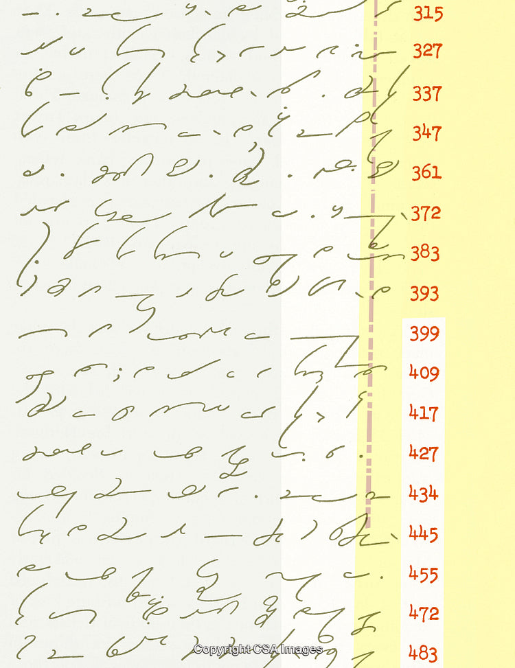 Handwritten Script Document Featuring Numbers and Calligraphic Styles on a Yellow Background