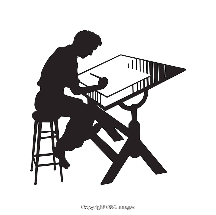 Silhouette of an Illustrator Working at a Drafting Table in Line Art