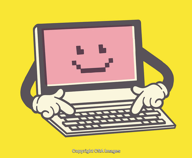 Cartoon Laptop Illustration with Smiling Pixelated Face on Yellow Background