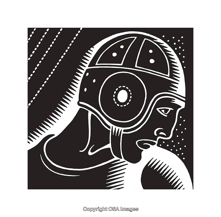 Vintage Style Black and White Line Art of Athlete Wearing Helmet