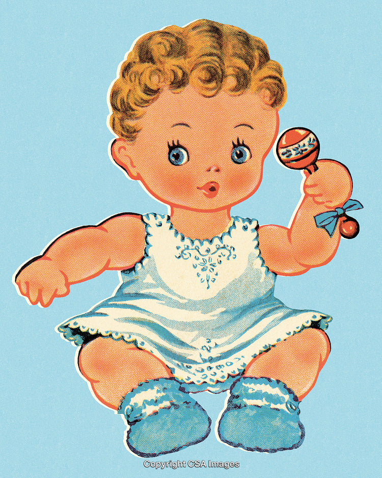 Adorable Retro Illustration of Baby Holding Rattle and Sitting on Blue Background