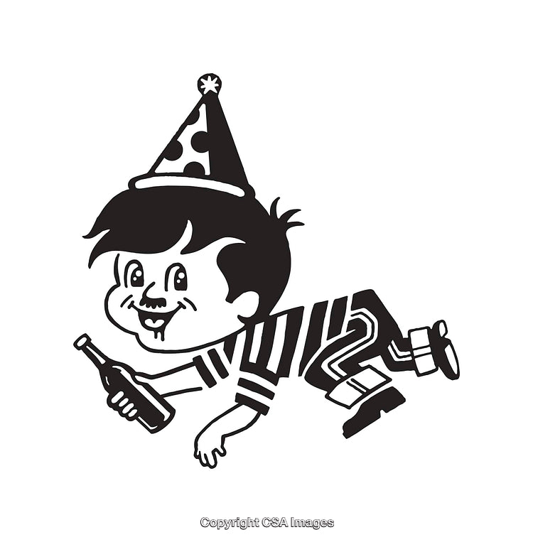 Retro Style Boy Cartoon with Polka-Dot Hat and Beverage Bottle