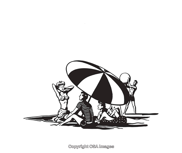 Vintage Beach Day Black and White Illustration Artwork